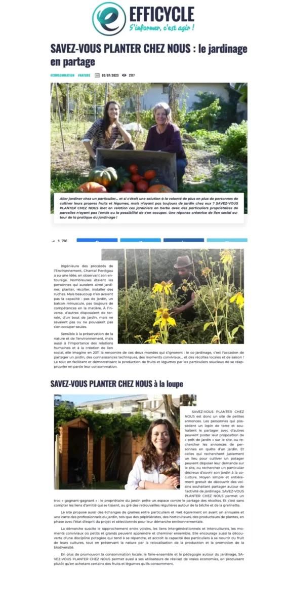 Article Efficycle sur Savez-vous Planter Chez Nous